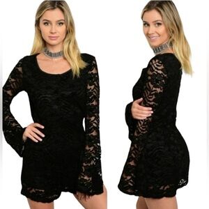NWT ON TWELFTH Black Lace Button Up Long Bell Sleeves Romper Size S